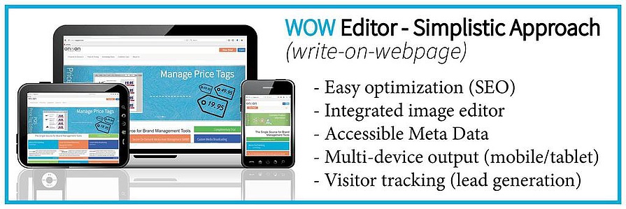 WYSIWYG HTML editor, responsive WOW-editor mobile friendly, Taggon CMS, Onison